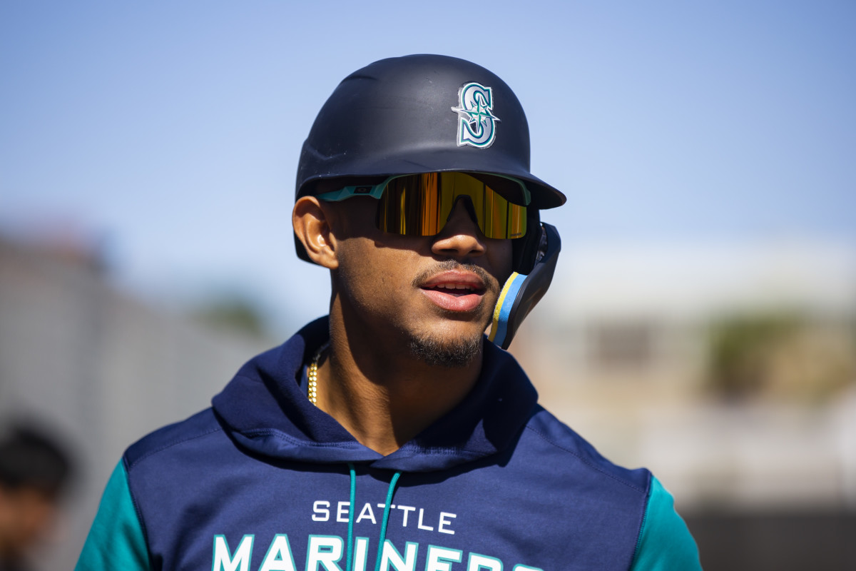 Mar 17, 2022; Peoria, AZ, USA; Seattle Mariners outfielder Julio Rodriguez during spring training workouts at Peoria Sports Complex. Mandatory Credit: Mark J. Rebilas-USA TODAY Sports
